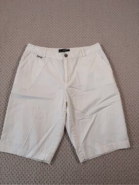 Lauren Active White Flat-Front Cotton Blend Shorts
